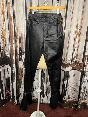Black Faux-Leather Flared-Hem High-Rise Pants
